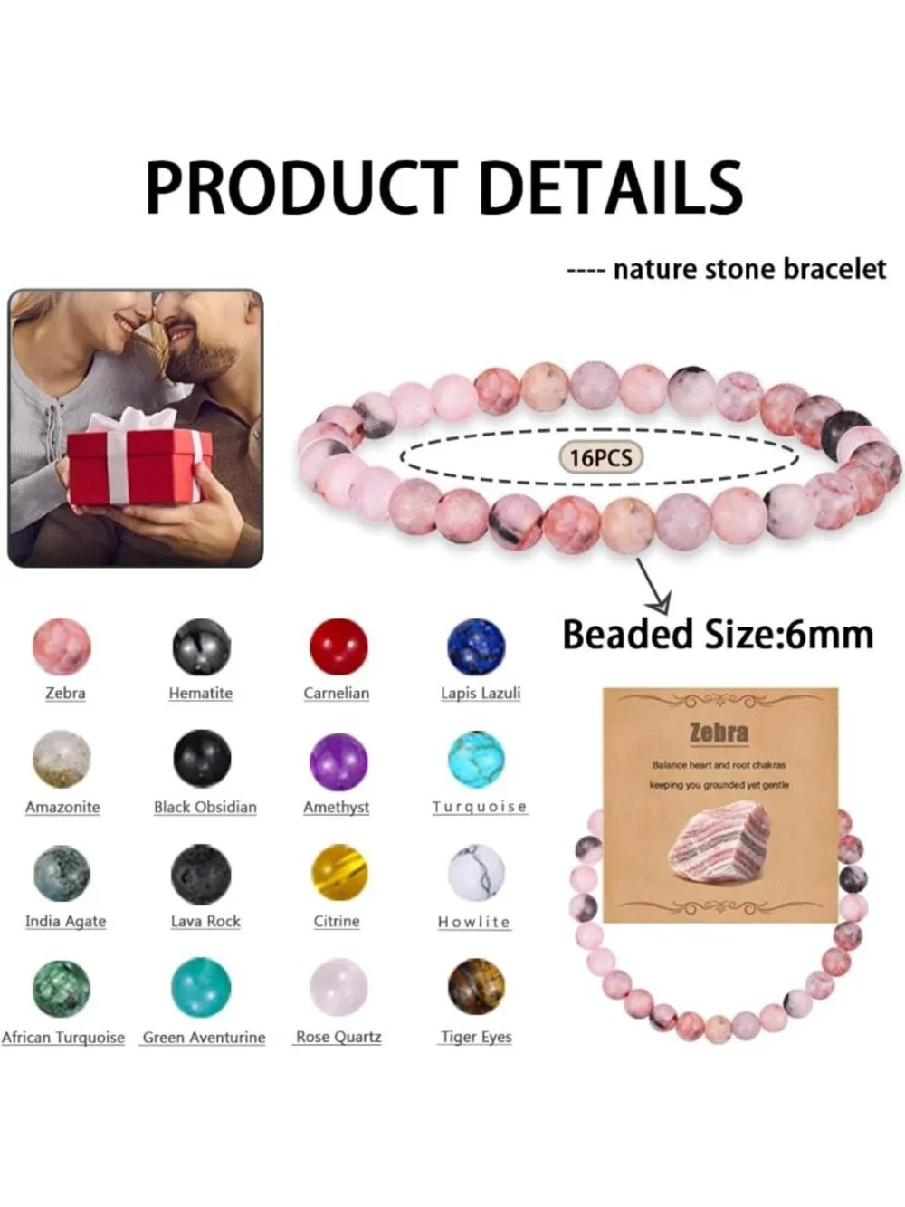16Pcs 6mm Natural Stone Healing Crystal Beaded Bracelets | Tiger Eye, Obsidian